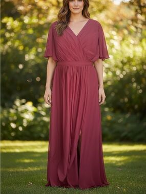 Elegant V-Neck Maxi Dress with Flutter Sleeves and Waist Sash